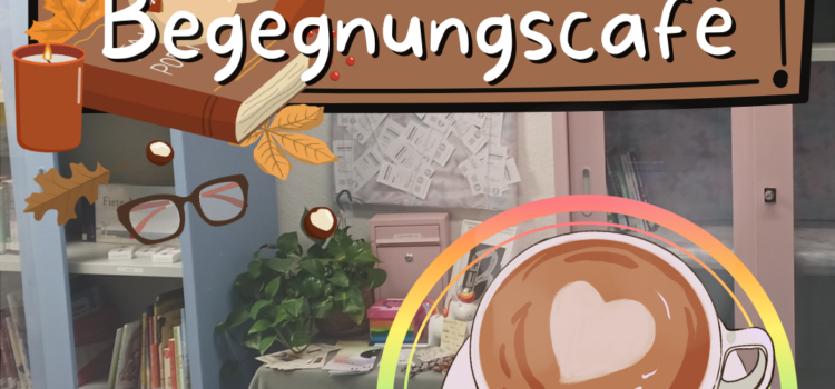 Bildhintergrund: Foto der queeren Bibliothek im Queeren Zentrum, Bildvordergrund: Text: "Lese- und Begegnungscafe"