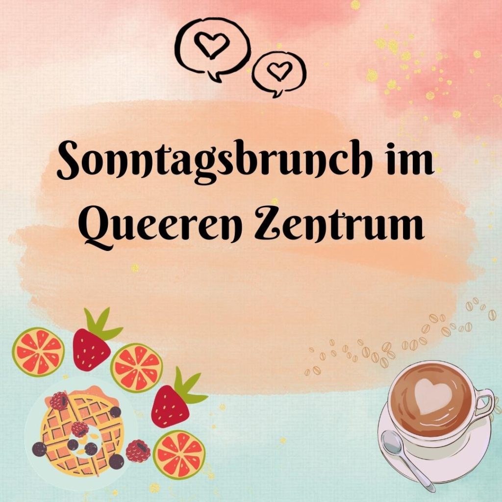 Bild  von Cafe und Waffeln mit Text: "Sonntagsbrunch im Queeren Zentrum"