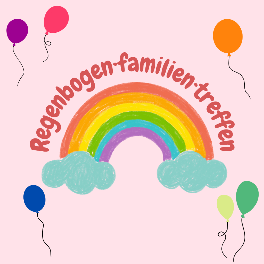 Das ist die Titelseite der Regenbogen Familiengruppe. Der Hintergrund des Bildes ist Pink. In der Mitte des Bildes ist gekrümmter Regenbogen. An den Enden des Regenbogens sind jeweils Wolken. Über dem Regenbogen ist der Name der Gruppe in gekrümmter Schrift zu sehen. 