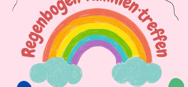 Das ist die Titelseite der Regenbogen Familiengruppe. Der Hintergrund des Bildes ist Pink. In der Mitte des Bildes ist gekrümmter Regenbogen. An den Enden des Regenbogens sind jeweils Wolken. Über dem Regenbogen ist der Name der Gruppe in gekrümmter Schrift zu sehen.