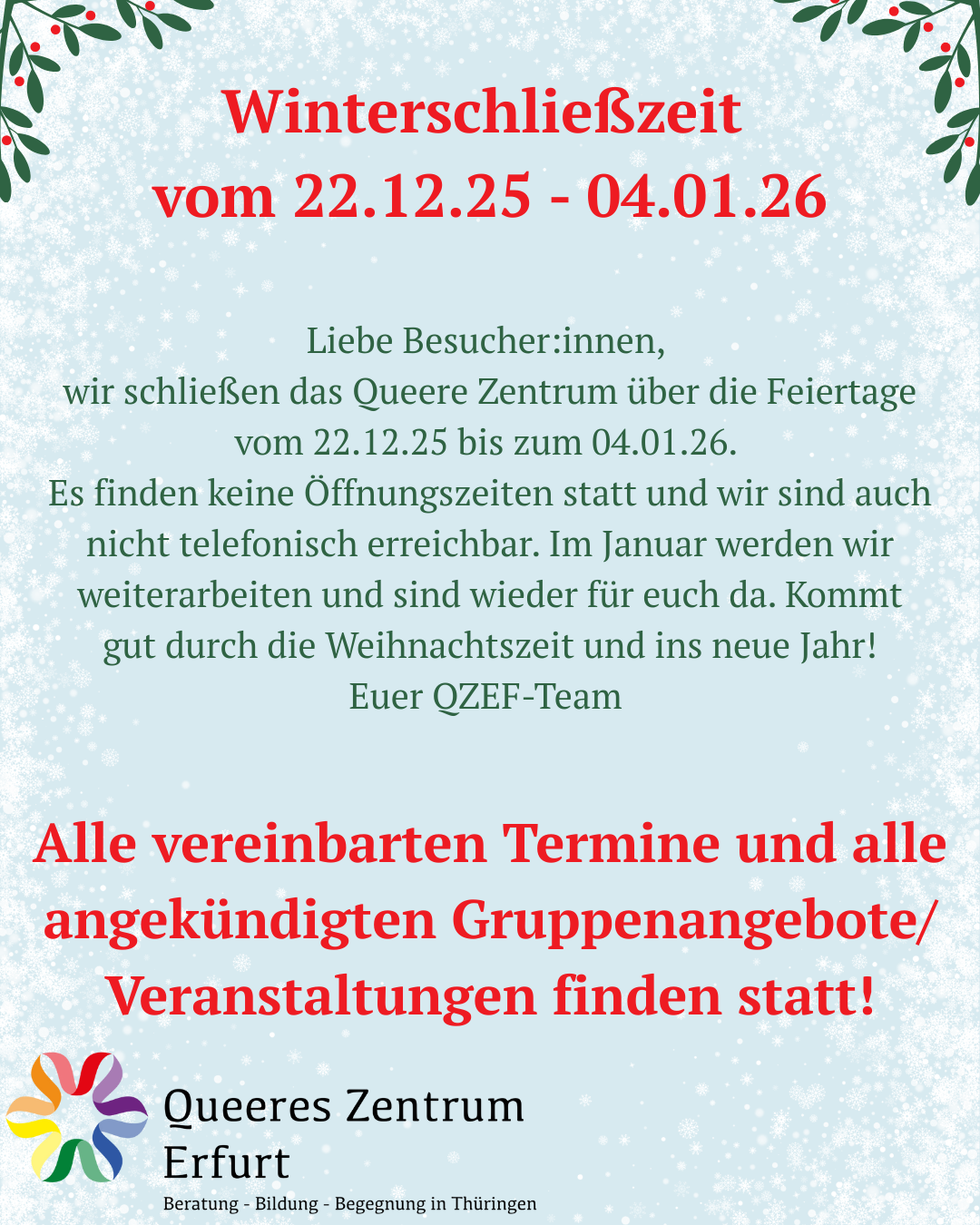 Winterschließzeit vom 22.12.25 – 05.01.26
